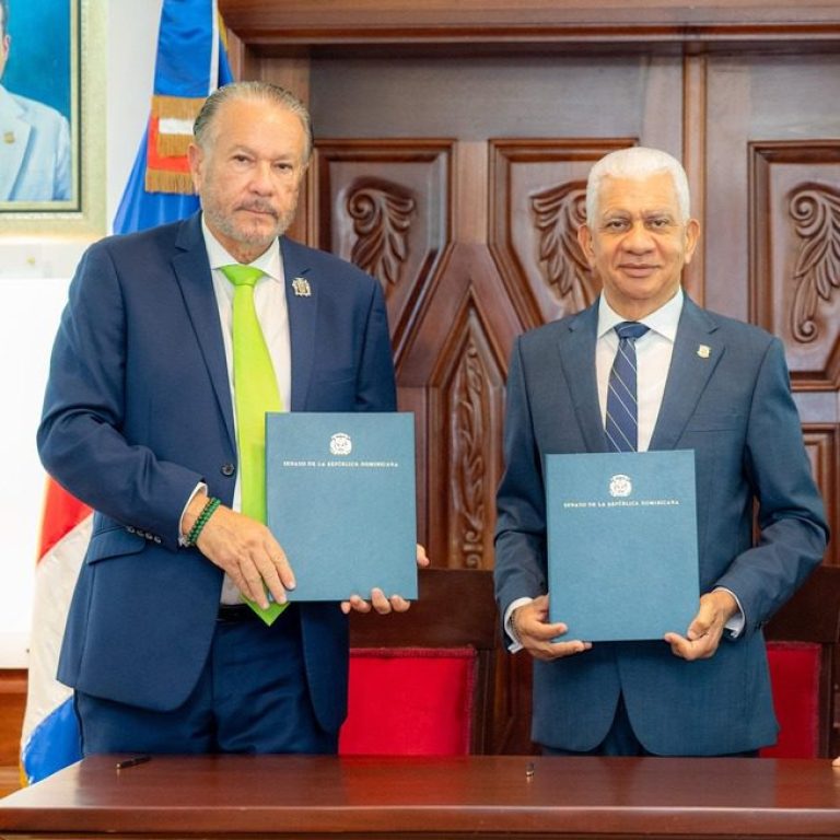 President of the Senate, Senator the Hon. Thomas Tavares-Finson stands with the President of the Senate of the Dominican Republic, Senator the Honourable Ricardo de los Santos, after signing a Parliamentary Friendship Agreement between the Senate of Jamaica and the Senate of the Dominican Republic
